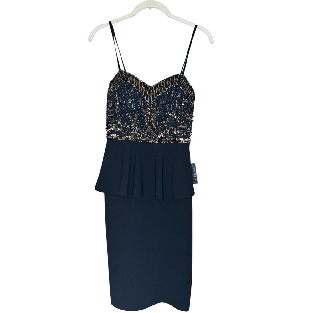 Sue Wong Dress Womens 0 Black Beaded Sweetheart Peplum Pencil Knee Length Sequin